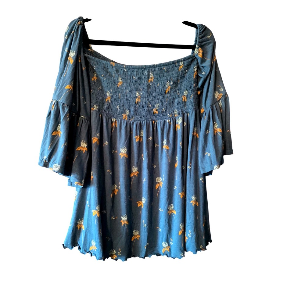 Free People Smocked Floral Top Bell Sleeve Bohemian Off Shoulder Teal Size SP